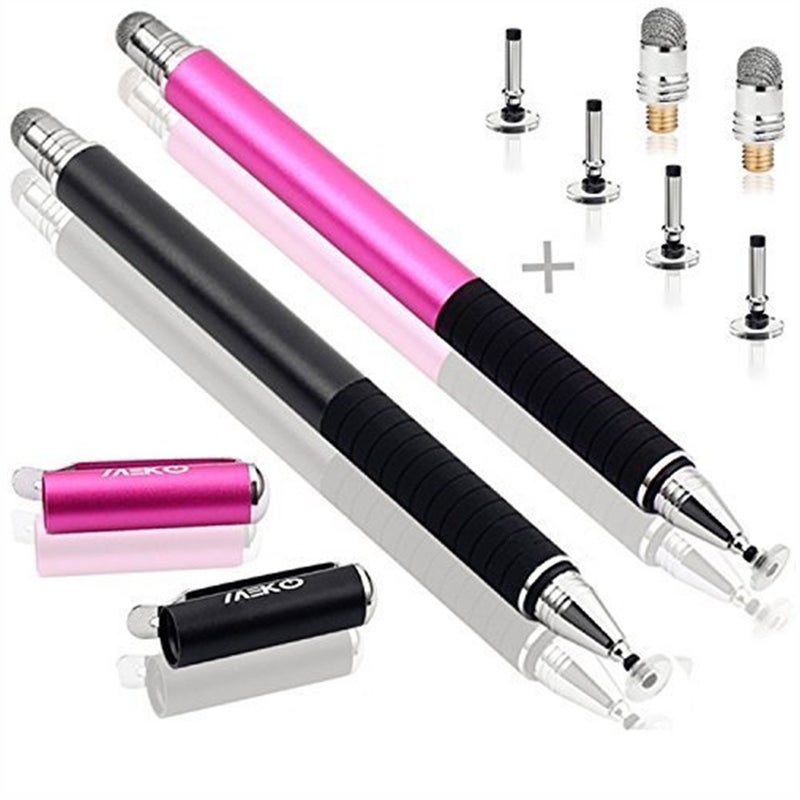 MEKO(2 Pcs)[2 in 1 Precision Series] Disc Stylus/Styli for All Touch Screen Devices Bundle with 4 Replaceable Disc Tips, 2 Replaceable Fiber Tips - (Black/Pink) - Image 1